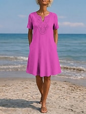  Dames Knielengte jurk Boho-jurk Kanten jurk Elegant Dagelijks Ruim Passend Effen Korte mouw V-hals Licht Blauw gebroken wit Paars Donkerblauw Zomer