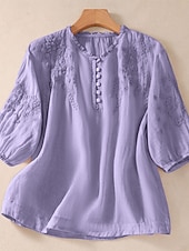 economico Bluse Semplici-Per donna 100% cotone Camicia button-down Tessuto Ricamato Bottoni Vintage Scollo a V Top lunghi Casuale giallo verde Rosa Blu reale Viola Estate Primavera