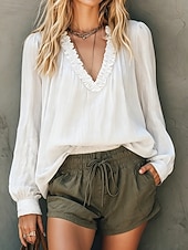  Blusa de mujer con volantes, cuello en V y mangas abullonadas, ligera, estilo bohemio, informal y elegante para verano.