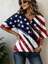  día de la independencia americana Mujer Camisa Botones Estampado Graphic Bandera Estrella Vintage Elegante Manga 3/4 Escote en Pico Tops regulares Casual Diario Festivos Azul Piscina Blanco Rojo Azul