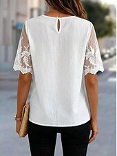 cheap Lace Tops-Women's Blouse Lace Tops Lace Patchwork Plain Stylish Modern Short Sleeve Crew Neck Regular Tops Casual Beach Holiday White Summer Spring