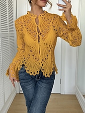  Damen Bluse Spitze Einfarbig Vintage Stilvoll Basic Langarm Hoher Ausschnitt Normale Oberteile Lässig Täglich Party Blau Schwarz Weiß Gelb Rosa Sommer Frühling
