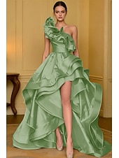 preiswerte Empire-Waist-Abendkleider-A-Linie Asymmetrisch Abiballkleider Abendkleid Ballkleid Festliche Kleidung Elegant Hoher Schlitz Ärmellos Ein-Schulter Hochzeit Formell Satin mit Rüschen Schlitz