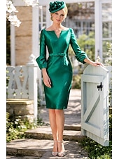 cheap Cocktail Dresses-Sheath Column Knee Length Cocktail Dresses Party Dresses Elegant Minimalist 3/4 Length Sleeve V Neck Formal Wedding Guest Satin with Sash / Ribbon Pure Color