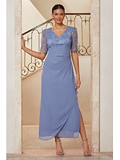  Women's Sheath Column Cocktail Dress Wedding Guest Dress Ankle Length V Neck Half Sleeve Illusion Sleeve Empire Waist Elegant Mother Of The Bride Semi Formal with Chiffon 3D Floral Mesh Lace Slit