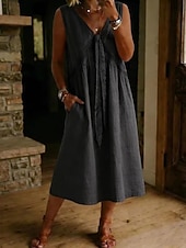 preiswerte Einfaches Kleid-Damen Midikleid Spitzenkleid Vintage Täglich Lässiger Schnitt Einfach Ärmellos V Ausschnitt Weiß Hellblau Schwarz Hellgrün Frühling