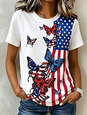  American Independence Day Women's T Shirt Print Graphic Flag Letter Vintage Fashion Stylish Short Sleeve Crew Neck Round Neck Long Tops Casual Daily Weekend White-Blue White Red Summer Spring Fall