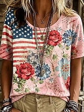  American Independence Day Women's T Shirt Print Graphic Flag Letter Vintage Stylish Classic Short Sleeve Crew Neck Regular Tops Casual Daily White Pink Summer Spring