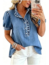  Damen Bluse Einfarbig Stilvoll Basic Lässig Kurzarm Stehkragen Lange Oberteile Lässig Täglich Blau Schwarz Dunkelblau Grau Sommer Frühling