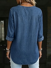  Women's Shirt Blouse denim-look Pullover Solid Color Elegant Vintage Daily 3/4 Length Sleeve V Neck Regular Tops Casual Dark Blue Spring