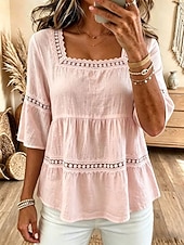  Women's Blouse Lace Trim Solid Color Vintage Stylish Classic 3/4 Length Sleeve Square Neck Regular Tops Casual Daily Blue White Pink Summer Spring
