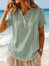cheap Plain tee-Women's T Shirt Henley Shirt Tee Top Buttons Striped Fashion Short Sleeve Henley Long Tops Casual Beach Summer White Light Green Navy Blue Sky Blue Orange Summer Spring