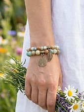 economico Bracciale da donna-Set di braccialetti da donna bohémien a strati con perline di pietra naturale, albero della vita e ciondoli a forma di foglia, gioielli da polso impilabili multicolore in 2 pezzi per l'uso quotidiano,