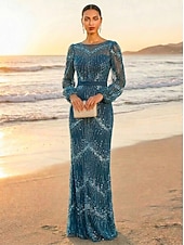 tanie Suknie wieczorowe typu sheath-Ołówkowa Kolumnowa Sięgająca podłoża Suknia wieczorowa Elegancja Błyszczące Wieczór Empire Waist Długi rękaw Półgolf Wieczorna impreza Ślub Tiul Szarmeza z Brokat Cekin Haft koralikowy