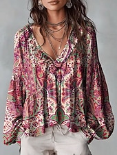 billige Blomstrete bluser-Dame Skjorte Tunika Drapering Nyanse Blomstret Grafisk Elegant Bohem Ferie Langermet V-hals Lange topper Avslappet Daglig Hvit Rosa Rød Grønn Sommer Vår