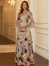 abordables Vestidos de Noche en A-Corte A Hasta el Suelo Vestidos de noche Vestimenta formal Elegante Floral Manga Larga Escote en Pico Boda Formal Encaje con Flores 3D Bordados Apliques