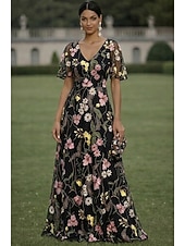 preiswerte Bodenlänge-A-Linie Kleid Bodenlang Maxidress Partykleid Cocktailkleid Brautmutterkleid Kurzarm V Ausschnitt Elegant Vintage luxuriös Formell Hochzeitsgast Kentucky Derby Chiffon Tüll mit Blumenmuster 3D-Blumen