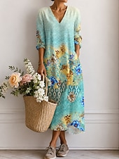  Women's Midi Dress Sundress Casual Dress A Line Dress Vacation Casual Boho Holiday Loose Fit Floral Graphic Long Sleeve V Neck Blue Yellow Orange Summer Spring
