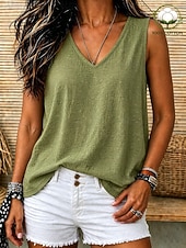  Damen Tank Top Vintage Ärmellos V Ausschnitt Normale Oberteile Lässig Khaki Schwarz Weiß Grün Sommer Frühling