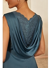 cheap Edición pulida-Women's A-Line Cocktail Dress Wedding Guest Dress Ankle Length Boat Neck Sleeveless Empire Waist Elegant Vintage Mother Of The Bride Semi Formal with Satin Sequin Lace Glitter Ruched Stretchy Ink Blue