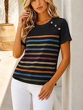 cheap Stripe&amp;Geometric tee-Women's T Shirt Buttons Graphic Striped Vintage Stylish Casual Short Sleeve Crew Neck Regular Tops Casual Daily Blue Black White Red Summer Spring