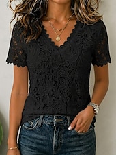  Women's Lace Tops Patchwork Eyelet Lace Trim Elegant Short Sleeve V Neck Casual Blue White Black Pink Red Summer Fall