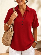 cheap Plain tee-Women's Waffle T-shirt Polo Henley Shirt Buttons Solid Color Plain Vintage Stylish Classic Short Sleeve Shirt Collar Long Tops Casual Daily Blue White Black Pink Red Summer Spring