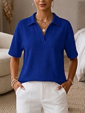 Mulheres Camiseta Camisas Polo Camisetas Tops de tricô waffle Tecido Moda à moda Básico Manga Curta Colarinho de Camisa Tops regulares Casual Diário Para Noite Azul Preto Branco Azul Céu Laranja