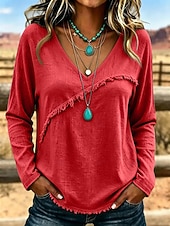 camicetta da donna a maniche lunghe con scollo a V e frange diagonali, orlo sfrangiato e texture stropicciata, stile western casual.