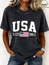  día de la independencia americana Mujer 100% Algodón Camiseta Tops lavados estilo vintage Estampado Graphic Bandera Elegante Básico Casual Manga Corta Cuello Barco Tops largos Casual Diario Azul