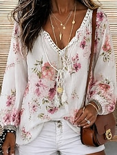 cheap Lace Tops-Women's Shirt Eyelet Top Lace Shirt Lace Splicing Top Jacquard Ombre Floral Graphic Elegant Bohemia Active Long Sleeve V Neck Long Tops Casual Beach Holiday White Pattern Orange Summer Spring Fall