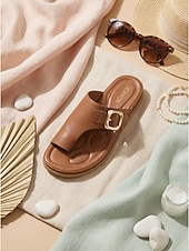 cheap Comfort Sandals-Women's Brown Buckle Comfort Slide Sandals – Cushioned Footbed Slippers, Open Toe Casual Summer Walking Sandals with Arch Support for All-Day Comfort, Travel, Vacation and Daily Wear
