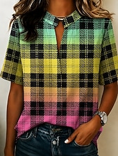 baratos Stripe&amp;Geometric Blouses-Women's Blouse Buttons Print Graphic Plaid Vintage Stylish Modern Half Sleeve Shirt Collar Regular Tops Casual Daily Yellow Green Summer Spring