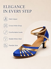 baratos Sapatos Para Dança de Salão &amp; Dança Moderna-Sapatos de dança de salão femininos, salto alto em cetim para salsa com tira cruzada no tornozelo, salto bloco de 5,5 cm (2,16") para tango, dança latina e apresentações de palco.