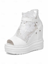 abordables novia-Sandalias de cuña con plataforma de encaje blanco para novias, zapatos de boda con puntera abierta y correa con hebilla para bodas al aire libre y en la ciudad.