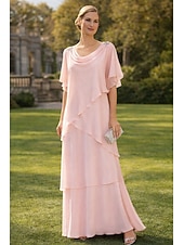 preiswerte Bodenlänge-A-Linie Bodenlang Kleid für Hochzeitsgäste Stufenkleid Abendkleid Brautmutterkleid Kurzarm Wasserfallausschnitt Elegant Formell Hochzeitsgast Semi-Formal Chiffon mit Rüschen Drapierung Stufen