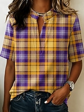 baratos Stripe&amp;Geometric Blouses-Women's Blouse Buttons Print Graphic Plaid Vintage Stylish Modern Half Sleeve Shirt Collar Regular Tops Casual Daily Yellow Green Summer Spring