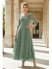 cheap Ankle Length-A-Line Ankle Length Party Dress Cocktail Dress Wedding Guest Dress Mother of the Bride Dress 3/4 Length Sleeve Jewel Neck Elegant Plus Size Wedding Guest Wedding Party Chiffon Lace with Ruched Sequin