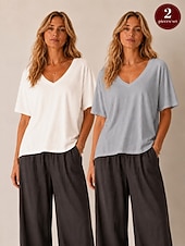  T-shirt da donna con scollo a U in cotone lyocell e canapa