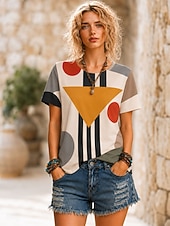 cheap Stripe&amp;Geometric tee-Women's T Shirt Print Graphic Geometric Tribal Fashion Stylish Classic Short Sleeve Crew Neck Round Neck Regular Tops Casual Daily Sports White Black Red Summer Spring
