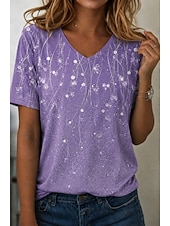 economico T-shirt floreale-Per donna Maglietta Stampato Floreale Grafico Piante Vintage Elegante Classico Manica Corta Scollo a V Top Regolari Casuale Quotidiano Viola chiaro Viola Viola Estate Primavera Autunno Inverno