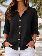 economico Camicie-Per donna Camicie di cotone e lino Blusa Bottoni Tinta unica Quotidiano Casual Manica 3/4 Scollo a V Top lunghi Quotidiano Spiaggia Nero Bianco Rosso Arancione Verde Estate Primavera Autunno