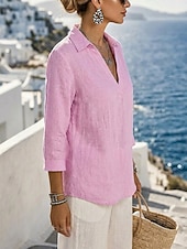  Per donna Cotone lavato Camicia di lino Testurizzato Vintage Manica 3/4 Colletto a Camicia Bianco Nero Rosa Primavera, Autunno, Inverno, Estate
