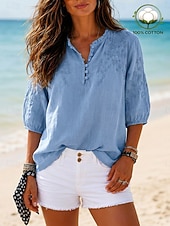 economico Bluse Semplici-Per donna 100% cotone Camicia button-down Tessuto Ricamato Bottoni Vintage Scollo a V Top lunghi Casuale giallo verde Rosa Blu reale Viola Estate Primavera