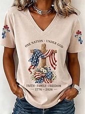  American Independence Day Women's T Shirt Print Graphic Flag Letter Vintage Stylish Classic Short Sleeve V Neck Long Tops Casual Daily Blue Light Beige Red Summer Spring
