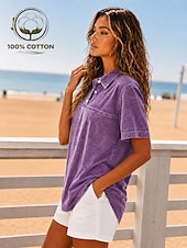  Per donna Maglia Henley Lavaggio acido Lavaggio vintage Tinta unica Elegante Vintage Moda Manica Corta Colletto a Camicia Top lunghi Casuale Spiaggia Blu Viola Verde Estate Primavera