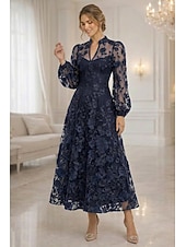 voordelige Enkel Lengte-A-lijn Tot de enkel Kanten jurk Moeder van de bruid jurk Lange mouw V-hals Elegant Vintage Luxueus Formeel Bruiloft gast Bruiloft Kant Tule met 3D-bloemen Borduurwerk Bloem
