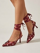cheap 1950s Retro-Women's 1950s Vintage Polka Dot Kitten Heels - Burgundy Satin Pointed Toe Slingback Pumps with Ribbon Tie for Office, Party &amp; Dating