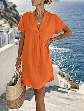 abordables Dresses-Women's Knee Length Dress Linen Dresses Vintage Daily Slim Plain Short Sleeve V Neck Khaki Red Orange Summer