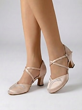abordables Ballroom Shoes &amp; Modern Dance Shoes-Women's Light Pink Rhinestone Satin Ballroom Dance Shoes – Closed Toe Dance Heels with Crystal Accents &amp; with Cross Straps for Waltz, Foxtrot, Tango &amp; Social Dancing